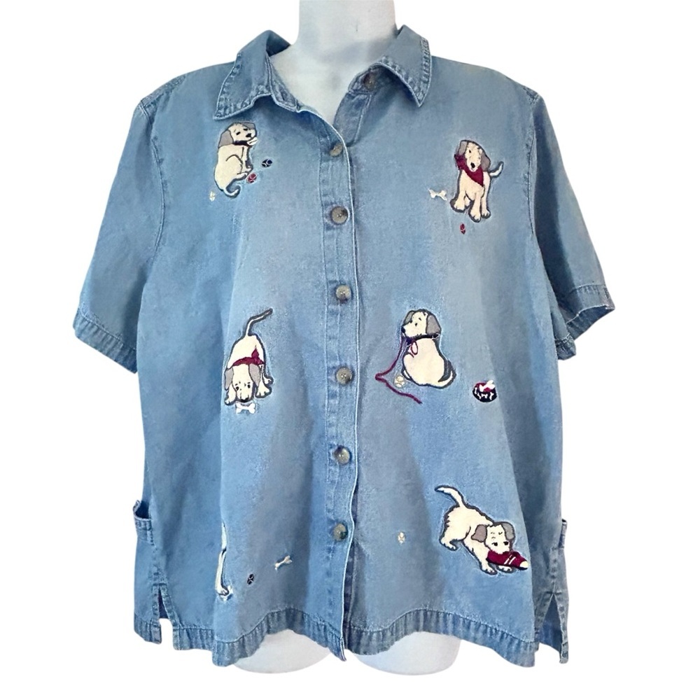 90s Embroidered Denim Chambray Shirt Lab Puppies Dog Design 1X CJ Banks
